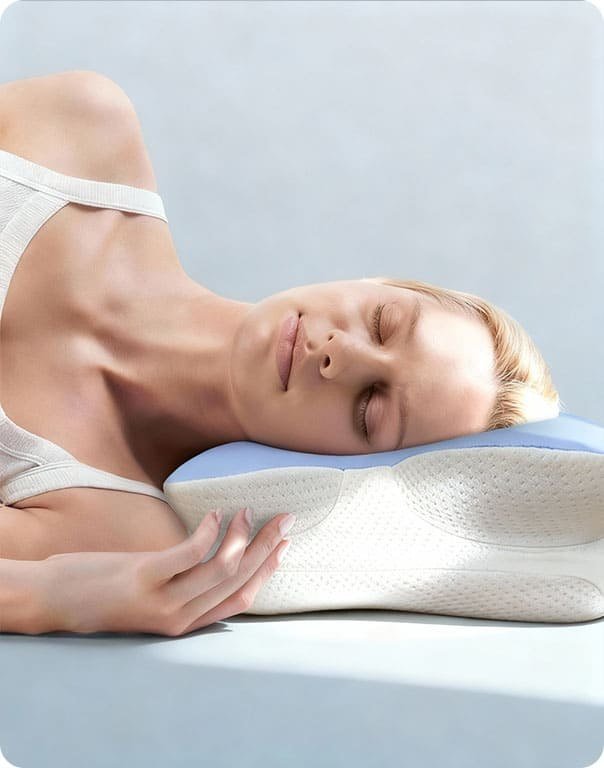 Melara Max ergonomic butterfly memory foam pillow supporting a side sleeper's neck
